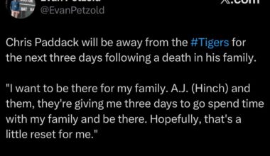 Chris Paddack will be away from the Tigers for the next three days following a death in his family.