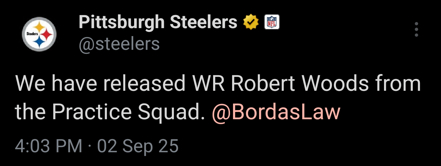 @steelers: "We have released WR Robert Woods from the Practice Squad"