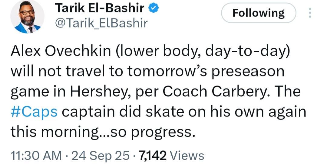 Tomorrow's game in Hershey will be Ovi-less