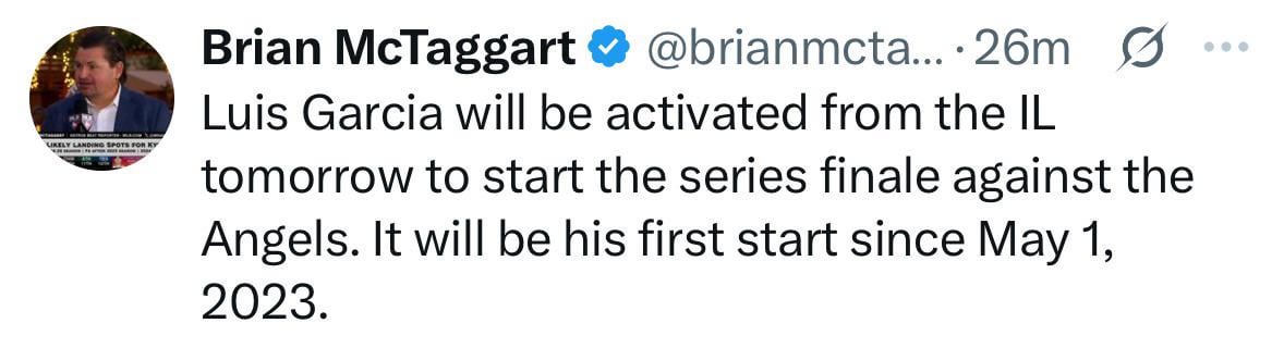 Garcia’s First Start Back Tomorrow