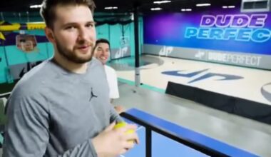 Luka Doncic says "I'm gonna make first try, watch" and hits a really insane shot on his real first try. From "Dude Perfect" - behind the scenes
