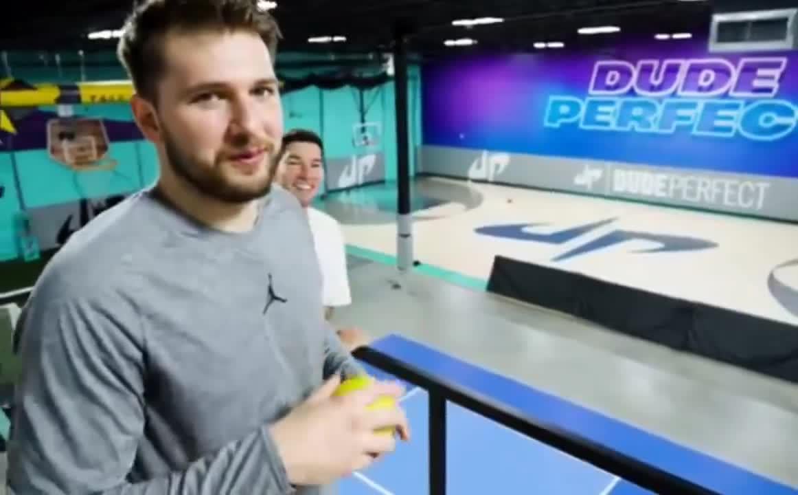 Luka Doncic says "I'm gonna make first try, watch" and hits a really insane shot on his real first try. From "Dude Perfect" - behind the scenes