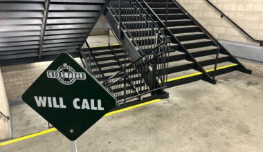 Empty staircase behind home plate during the third inning