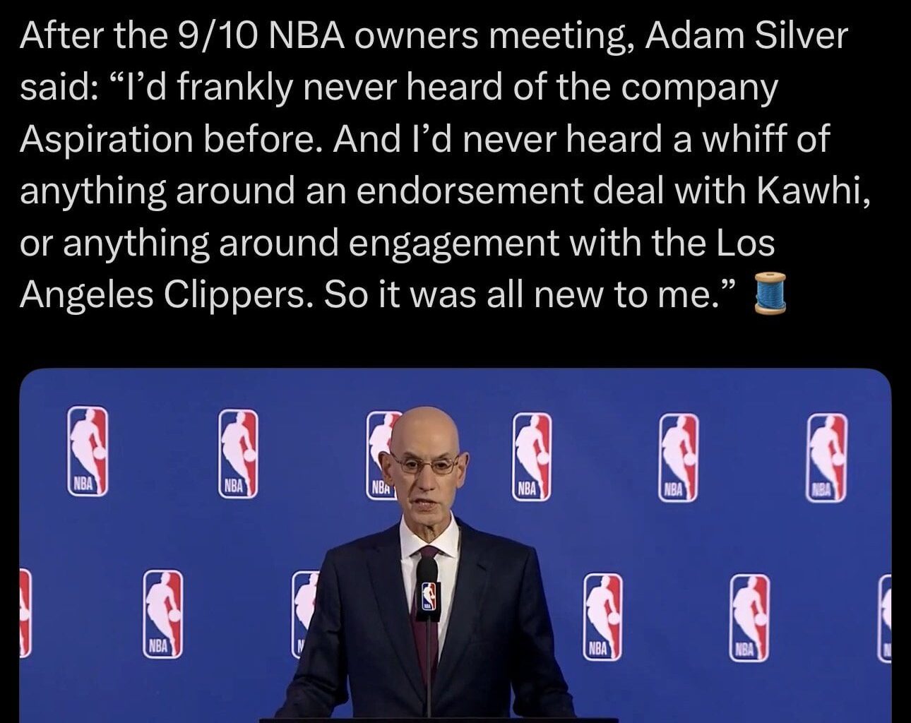 Torre calls out Silver for lying about never hearing about Aspiration: “Just obtained a copy of Aspiration’s $300M+ “Founding Sponsorship Agreement” — which “must be submitted prior to its execution for NBA’s approval and shall not be effective until it is expressly approved by the NBA.”