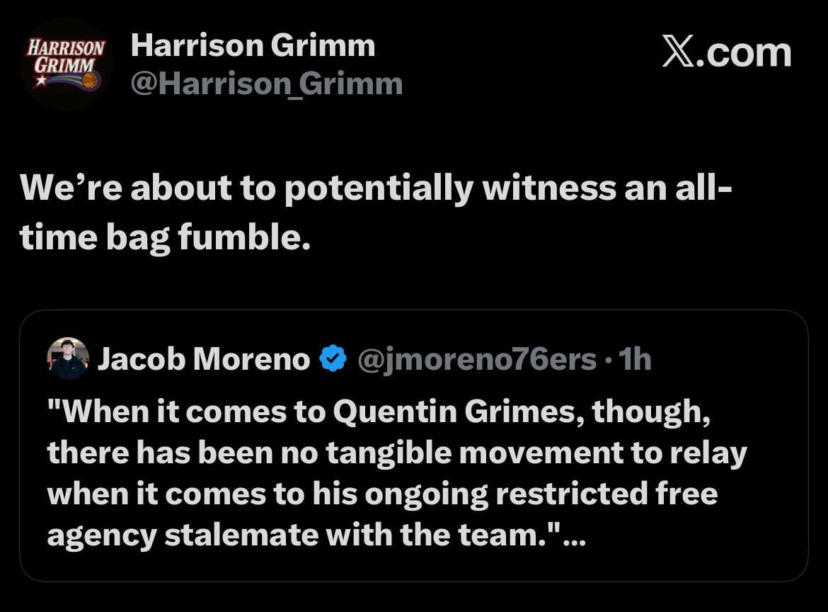 Quentin Grimes ongoing restricted free agency stalemate continues w/ 76ers continues according to Jake Fischer