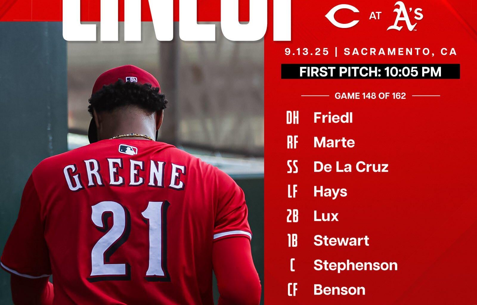 Reds lineup - Saturday 9/13/25