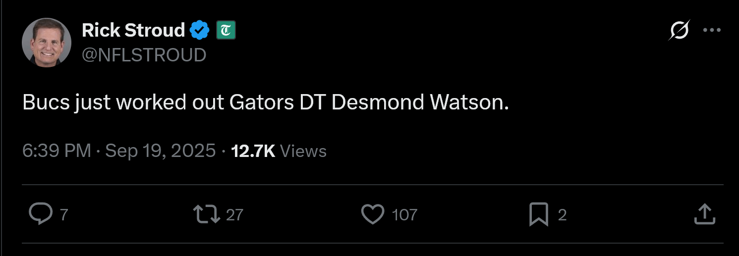 [Rick Stroud] Bucs just worked out Gators DT Desmond Watson.