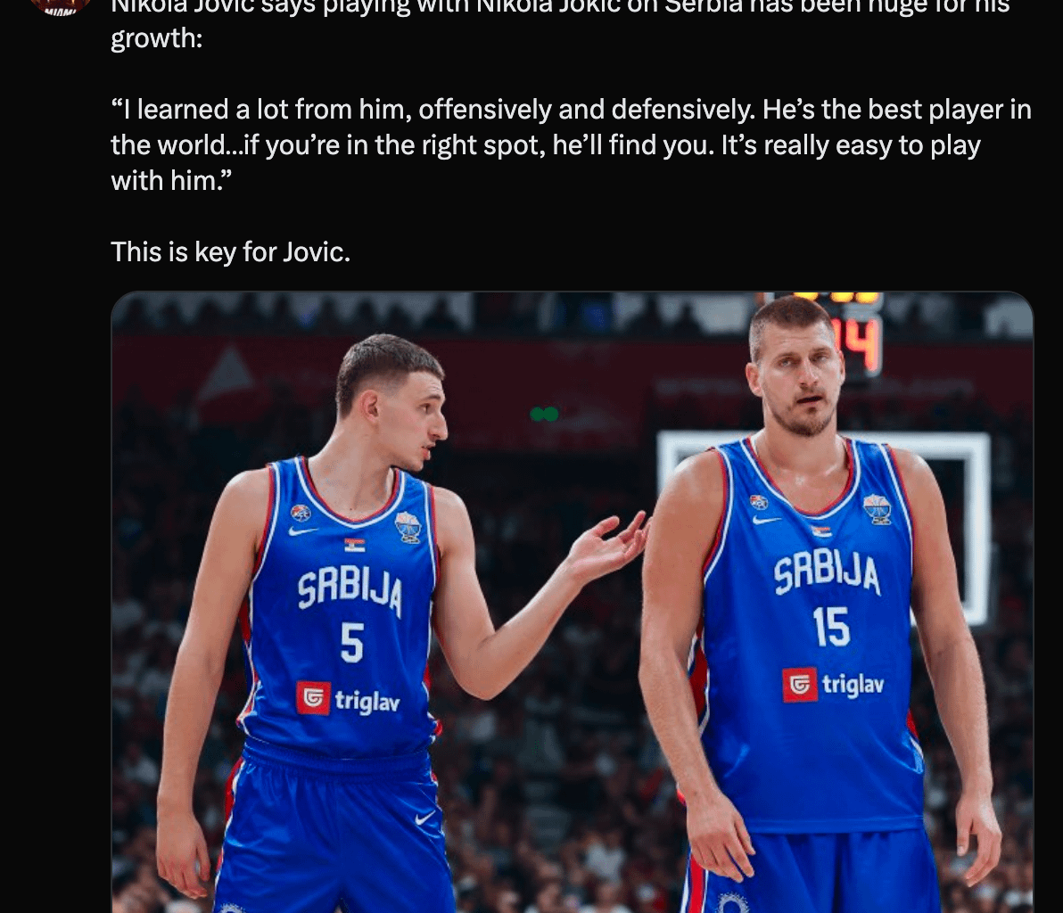 Niko: "I learned a lot from [Jokic], offensively and defensively. He’s the best player in the world…if you’re in the right spot, he’ll find you. It’s really easy to play with him."