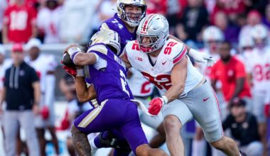 Ohio State Buckeyes defensive end Caden Curry (92) sacks Washington Huskies quarterback Demond Williams Jr. (2) during the second half of the NCAA football game at Husky Stadium in Seattle on Sept. 27, 2025. Ohio State won 24-6.