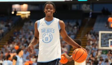 Oct 4, 2025; Charlotte, NC, USA; North Carolina Tar Heels forward Caleb Wilson (8) warms up before the game at Dean E. Smith Center. Mandatory Credit: Bob Donnan-Imagn Images