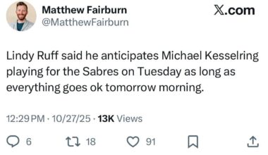 [Fairburn] Lindy Ruff said he anticipates Michael Kesselring playing for the Sabres on Tuesday as long as everything goes ok tomorrow morning.