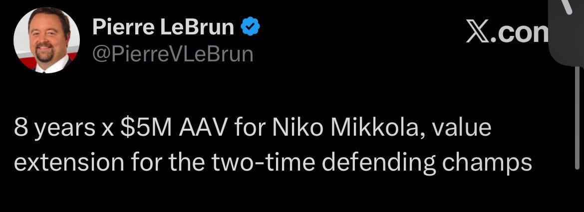 [Pierre LeBrun] 8 years x $5M AAV for Niko Mikkola, value extension for the two-time defending champs