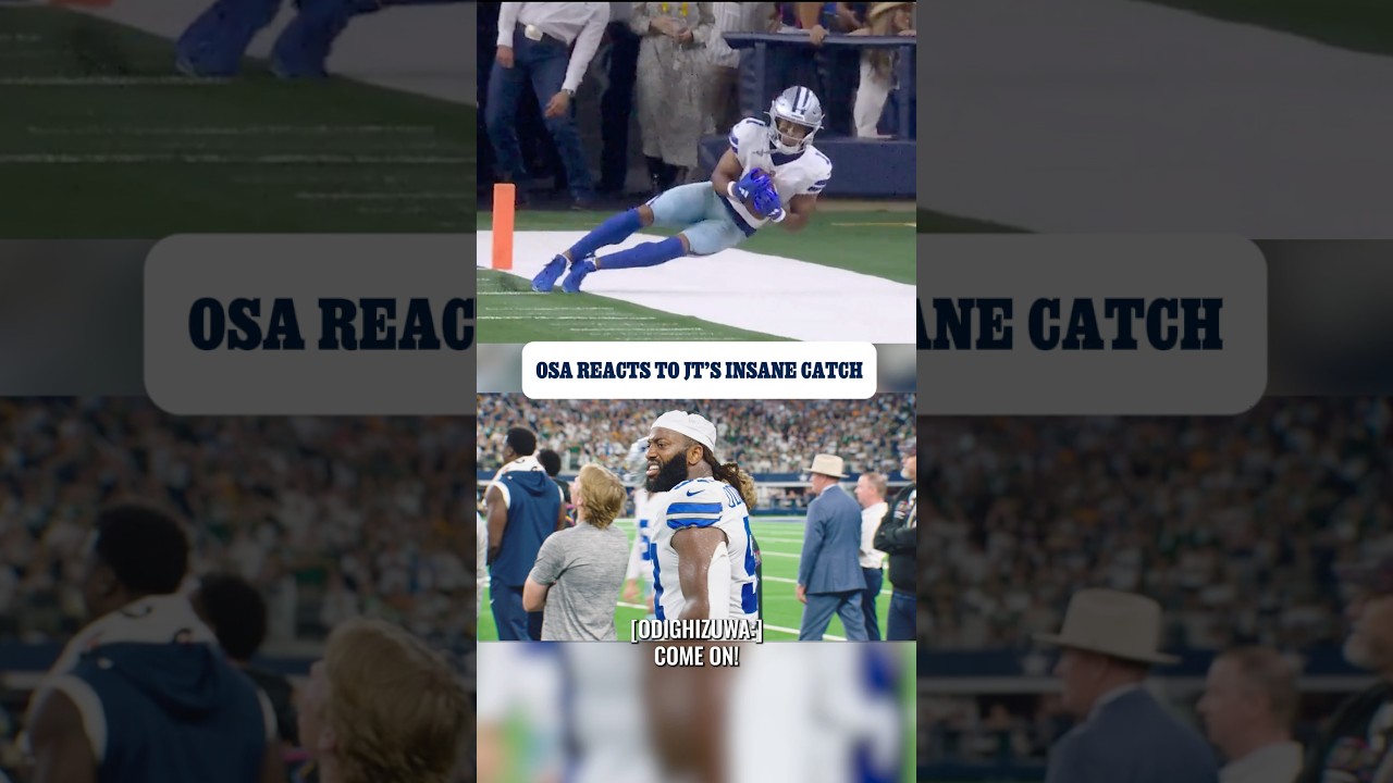 Osa reacts to Tolbert’s INSANE catch 🤯 | ​⁠@Lenovo  #DallasCowboys #SoundsFromTheSideline #shorts