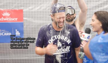 The Dodgers celebrate winning the wild-card series against the Cincinnati Reds