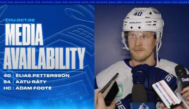 Elias Pettersson, Aatu Räty, & Head Coach Adam Foote Media Availabilities (Oct. 2, 2025)