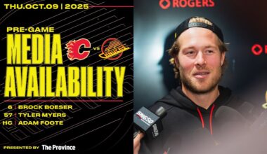 Boeser, Myers & Adam Foote Pre-Game Media Availabilities | Canucks vs. Flames (Oct. 9, 2025)