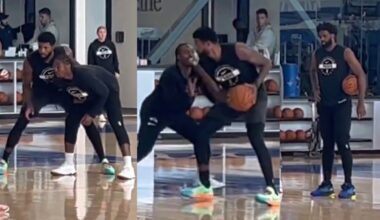 Paul George and Tyrese Maxey battle during 1v1 at 76ers practice with Embiid watching