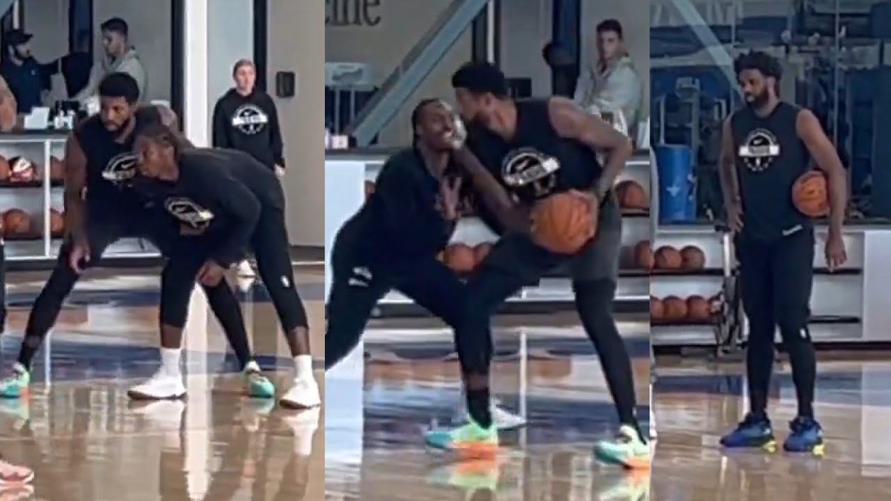 Paul George and Tyrese Maxey battle during 1v1 at 76ers practice with Embiid watching