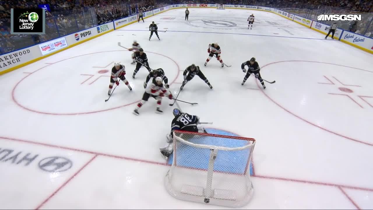 Timo Meier scores a goal against the Tampa Bay Lightning