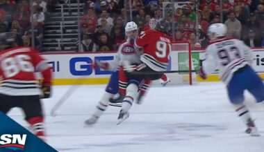 Canadiens' Kaiden Guhle lays massive ice on Blackhawks' Frank Nazar, leading to fights