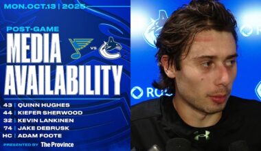Hughes, Sherwood, Lankinen, DeBrusk & Adam Foote Post-Game Media | Canucks vs. Blues (Oct 13, 2025)