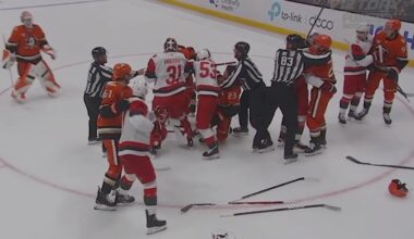 End of 2nd Period Scrum, Canes @ Ducks