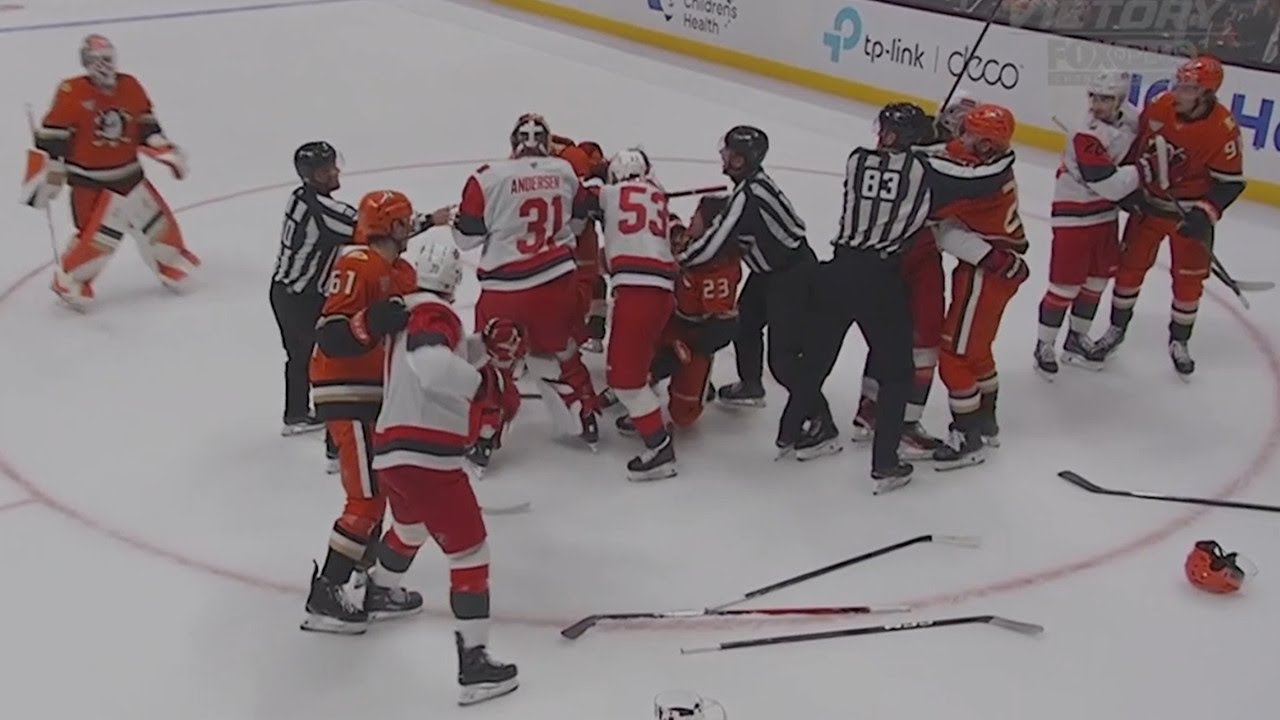 End of 2nd Period Scrum, Canes @ Ducks