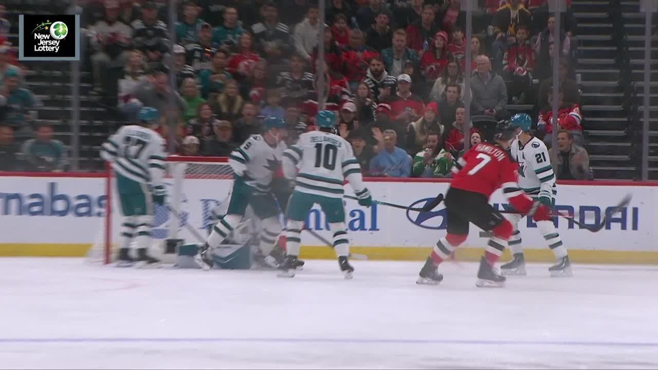 Dougie Hamilton scores a powerplay goal against the San Jose Sharks
