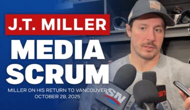 J.T. Miller meets the media ahead of his first game back in Vancouver