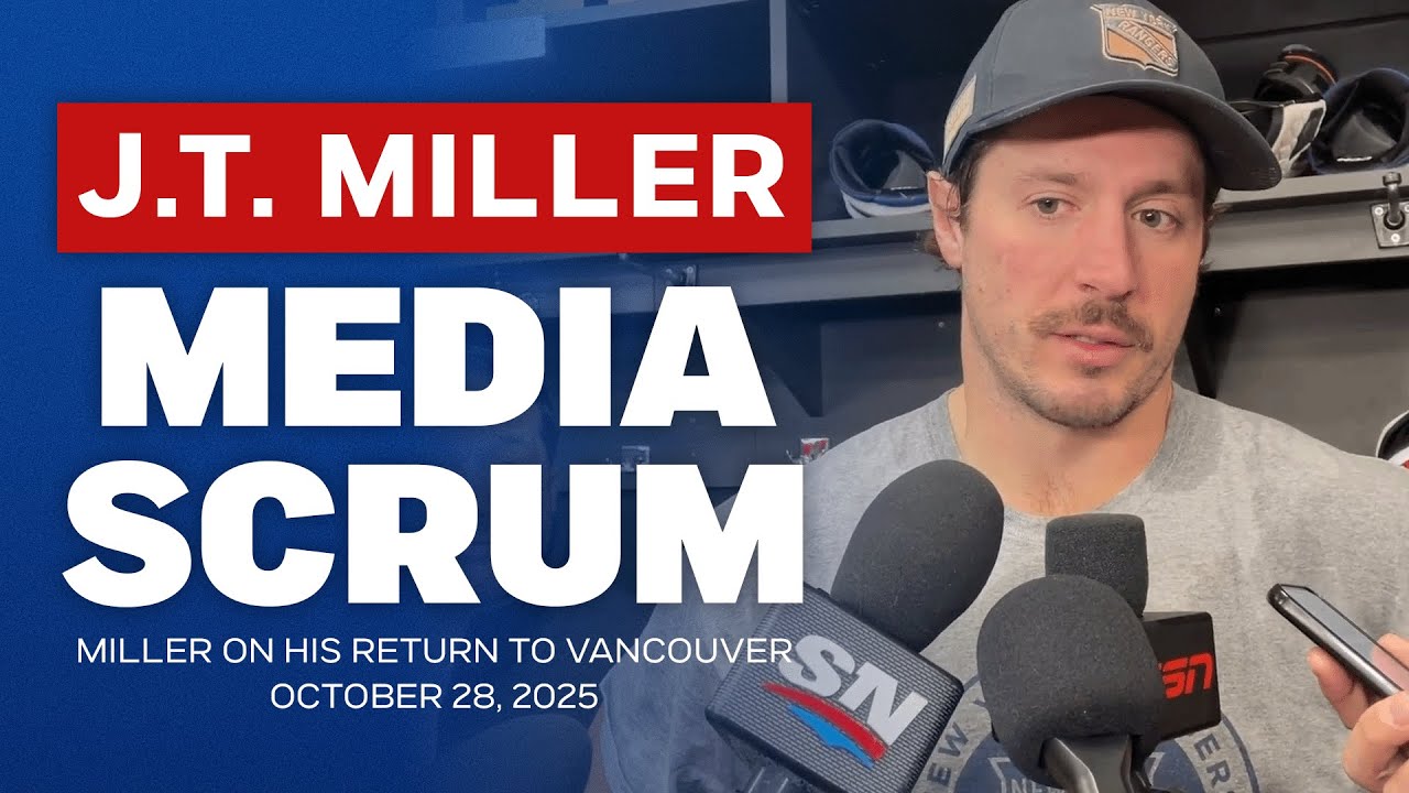 J.T. Miller meets the media ahead of his first game back in Vancouver