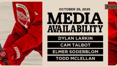 Dylan Larkin, Cam Talbot, Elmer Soderblom, Todd McLellan Practice Media | Oct 29, 2025