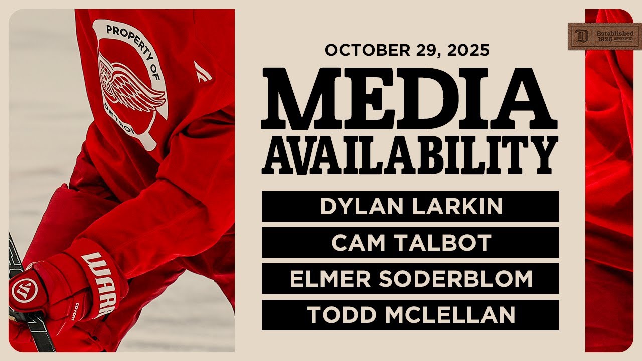 Dylan Larkin, Cam Talbot, Elmer Soderblom, Todd McLellan Practice Media | Oct 29, 2025