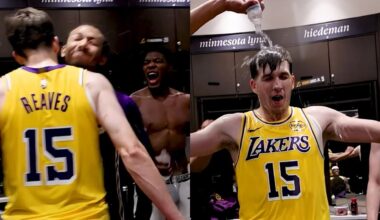 Lakers locker room celebrates Austin Reaves game winner vs Timberwolves