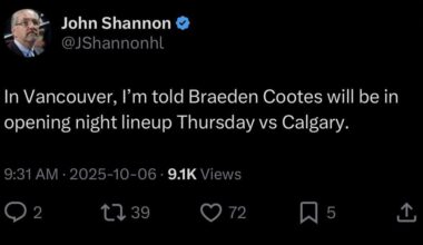 [Shannon] In Vancouver, I’m told Braeden Cootes will be in opening night lineup Thursday vs Calgary.