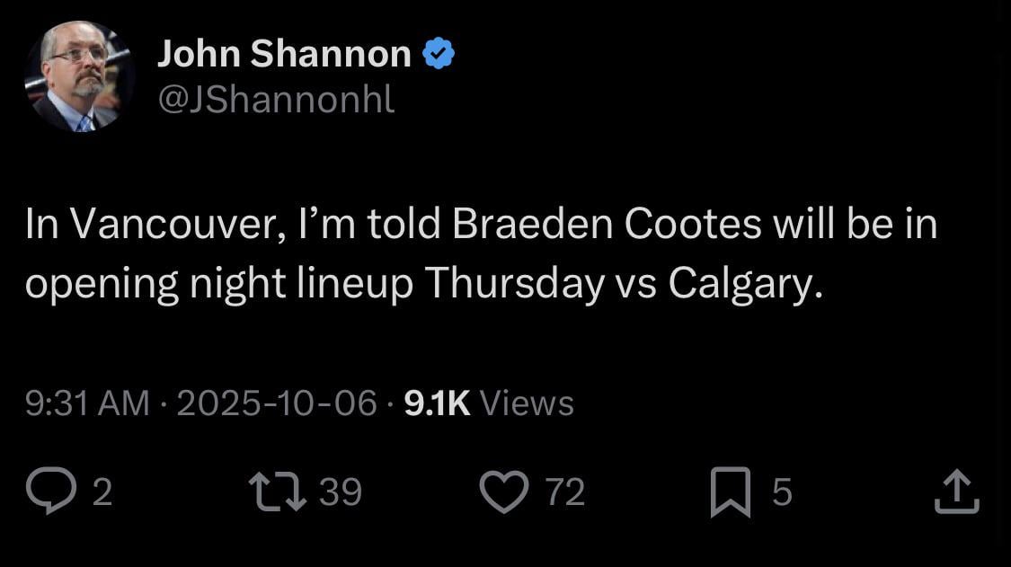 [Shannon] In Vancouver, I’m told Braeden Cootes will be in opening night lineup Thursday vs Calgary.
