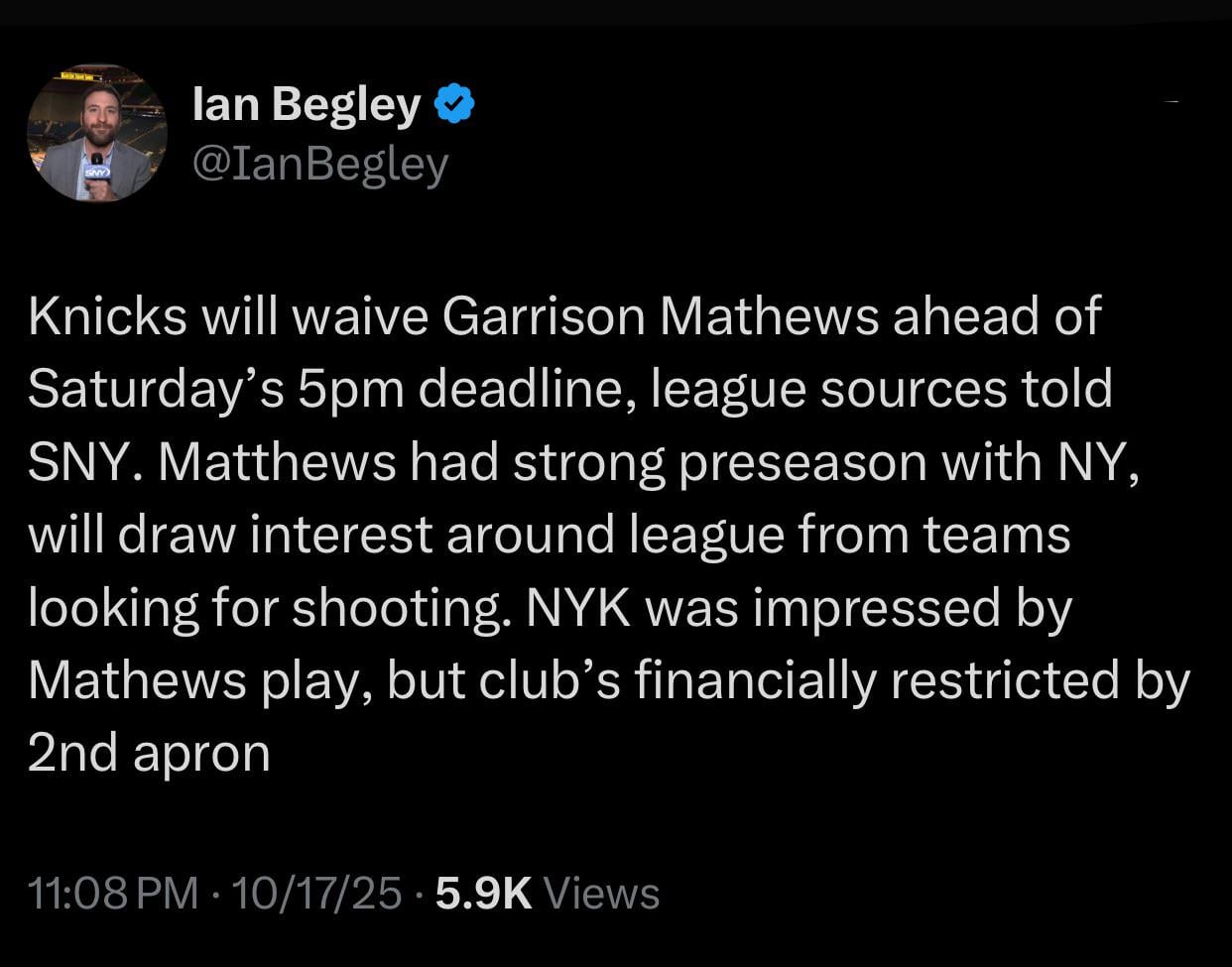 [Begley] Knicks will waive Garrison Mathews ahead of Saturday’s 5pm deadline, league sources told SNY. Matthews had strong preseason with NY, will draw interest around league from teams looking for shooting. NYK was impressed by Mathews play, but club’s financially restricted by 2nd apron