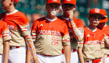 Summerlin South pitcher Garrett Gallegos blows a bubble with bubble gum during a Little League ...