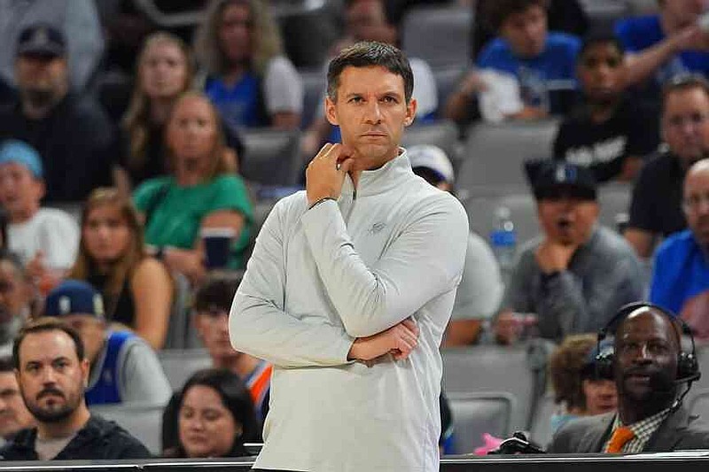 Oklahoma City Thunder head coach Mark Daigneault looks on from the sideline during the second half of a preseason NBA basketball game against the Dallas Mavericks in Fort Worth, Texas, Monday, Oct. 6, 2025. (AP Photo/LM Otero)