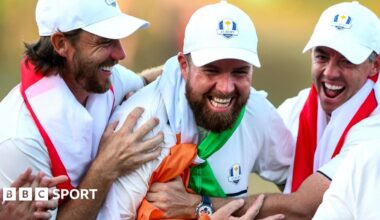 Tommy Fleetwood, Shane Lowry and Rory McIlroy celebrate Europe's victory over the US at Bethpage