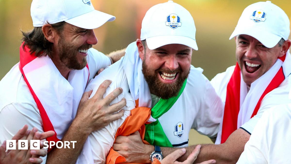 Tommy Fleetwood, Shane Lowry and Rory McIlroy celebrate Europe's victory over the US at Bethpage