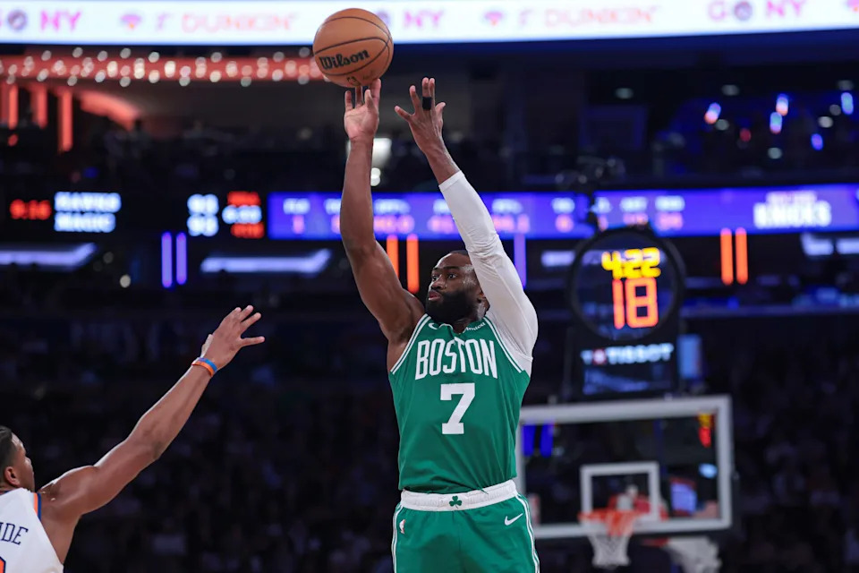 Oct 24, 2025; New York, New York, USA; Boston Celtics guard Jaylen Brown (7) shoots the ball during the fourth quarter against the New York Knicks at Madison Square Garden. Mandatory Credit: Vincent Carchietta-Imagn Images