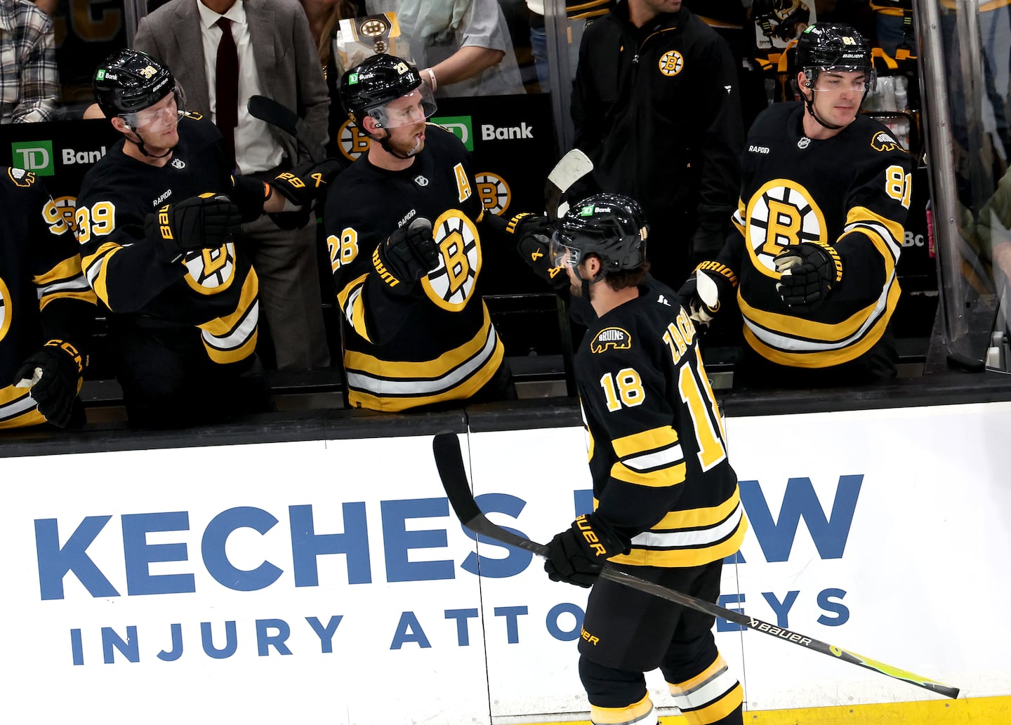 Pavel Zacha skated by the Bruins bench to celebrate his goal in the first period.