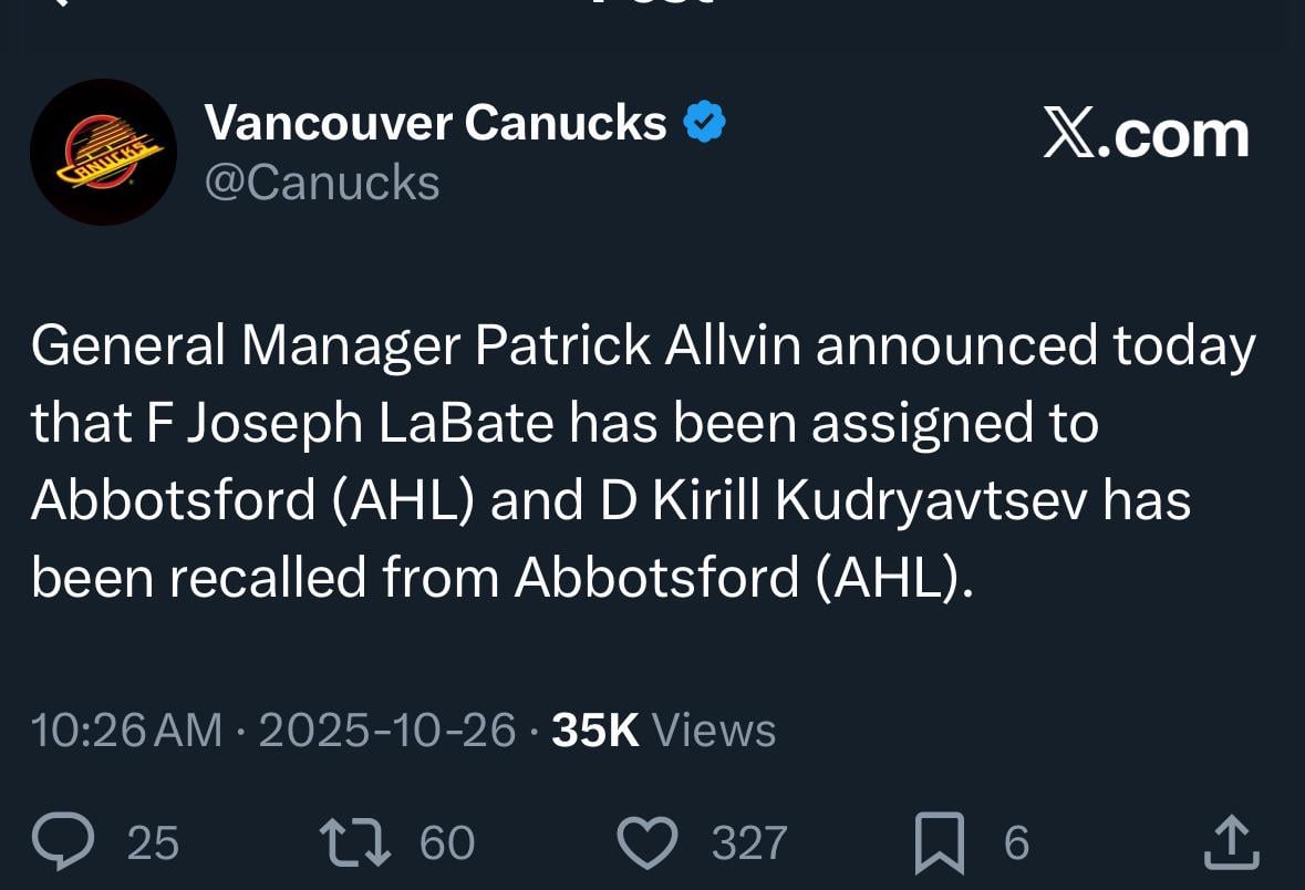 [Canucks] Kirill Kudryavtsev called up from Abbotsford