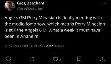 [Beacham] Angels GM Perry Minasian is finally meeting with the media tomorrow, which means Perry Minasian is still the Angels GM. What a week it must have been in Anaheim.