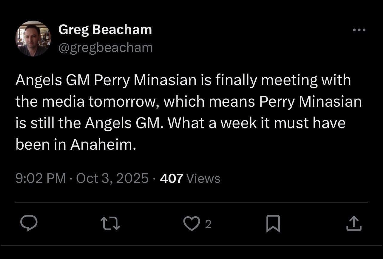 [Beacham] Angels GM Perry Minasian is finally meeting with the media tomorrow, which means Perry Minasian is still the Angels GM. What a week it must have been in Anaheim.