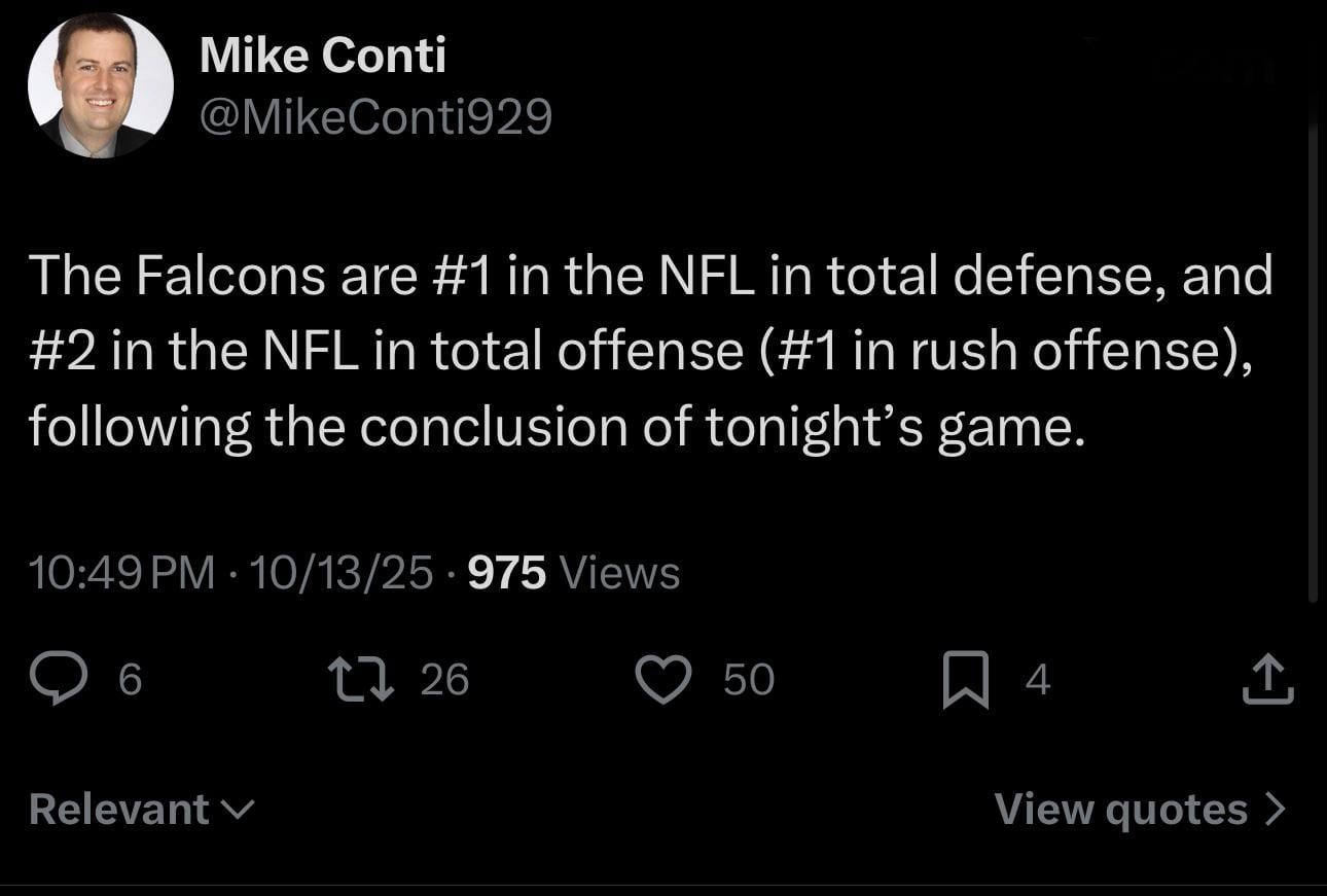 The Falcons are #1 in the NFL in total defense, and #2 in the NFL in total offense (#1 in rush offense), following the conclusion of tonight’s game.