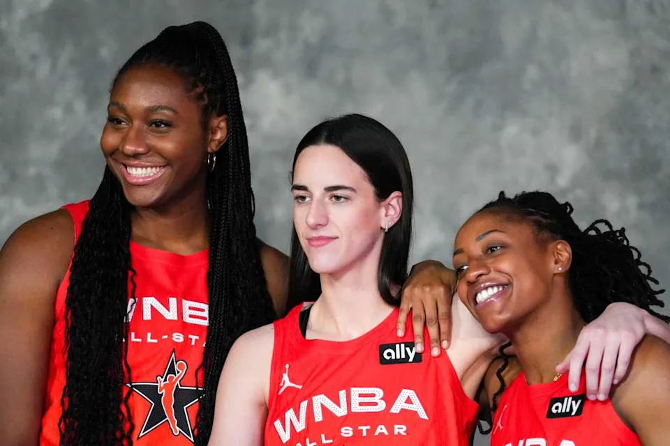 Indiana Fever's Aliyah Boston (7), Caitlin Clark (22) and Kelsey Mitchell (0) take a photo before the 2025 WNBA All-Star Game.Christine Tannous&sol;IndyStar &sol; USA TODAY NETWORK via Imagn Images