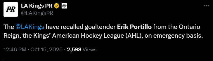 Kings recall Erik Portillo from the Ontario Reign