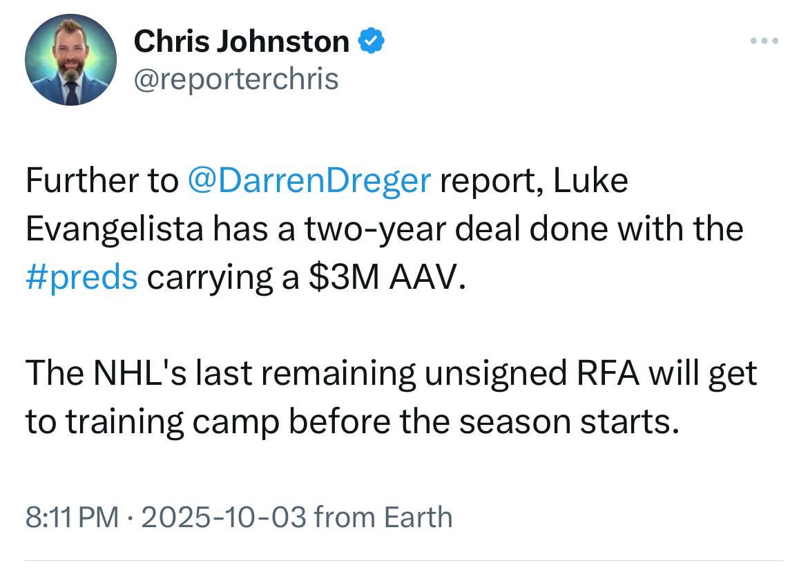 [Johnston] Luke Evangelista has a two-year deal done with the Preds carrying a $3M AAV. The NHL's last remaining unsigned RFA will get to training camp before the season starts.