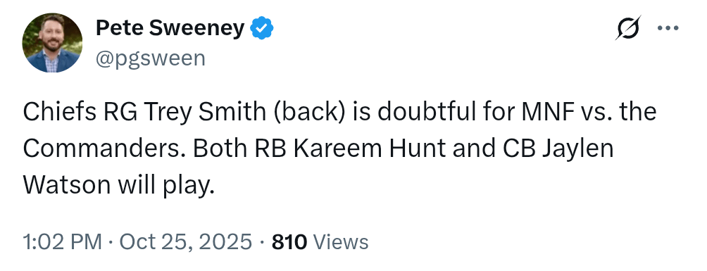 [Sweeney] Chiefs RG Trey Smith (back) is doubtful for MNF vs. the Commanders. Both RB Kareem Hunt and CB Jaylen Watson will play.